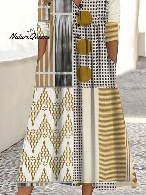 Women's Casual Button Collar Contrast Geometric Pattern Print Dress