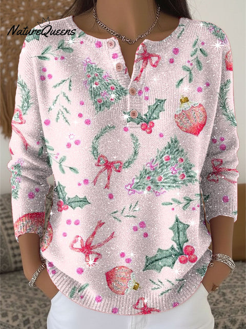 Pink Christmas Tree Lantern Bow Pattern Print Henley Neck Sparkling Sequin Sweater