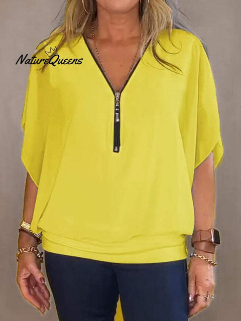 Chiffon Half-zip Short-sleeved Casual Top(buy 2 free shipping)