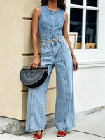 Retro Denim Crop Top & Wide Leg Jeans Set