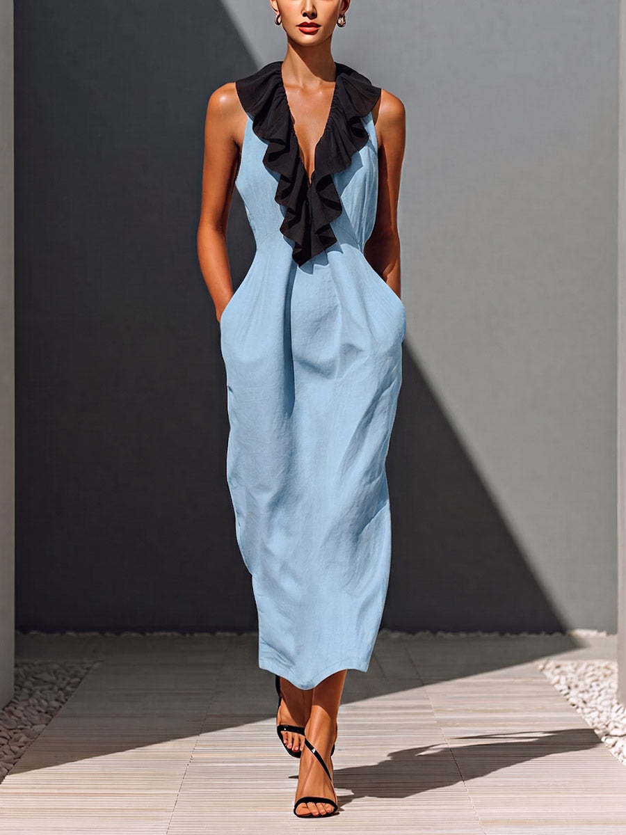 Women's Ruffled V-neck Sleeveless Casual Loose Cotton-linen Dress