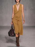 Women's Solid-color V-neck Sleeveless Loose-fit Cotton Casual Dress