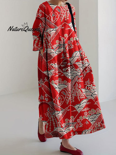 Japanese Art Print Casual Midi Dress