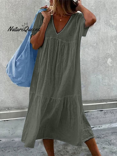 Women’s Casual Solid Color Cotton And Linen Dress Army Green / S