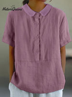 Women’s Solid Color Cotton And Linen Lapel Short Sleeved Casual Blouse Purple / M