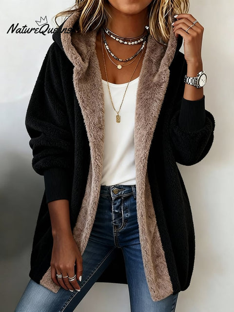 Women'S Contrasting Suede Hooded Loose Cardigan Jacket