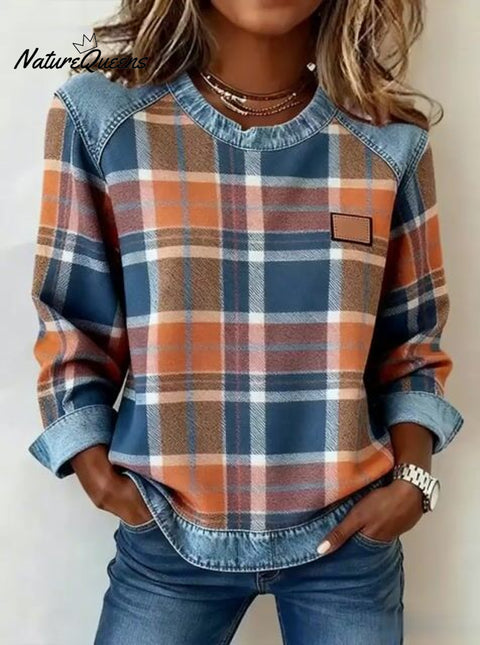 Women'S Casual Round Neck Denim Patchwork Plaid Print Pullover Sweatshirt