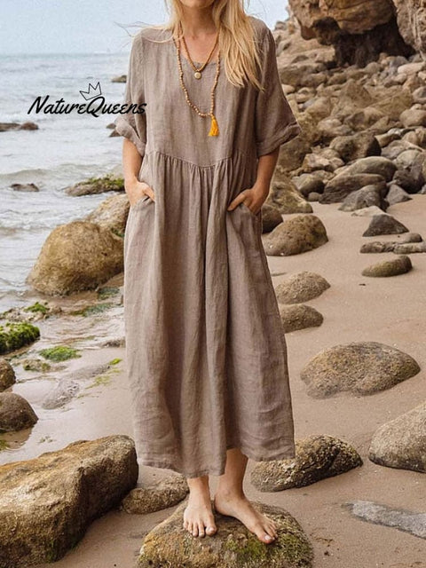 Brown 3/4 Sleeve Plain Maxi Dress