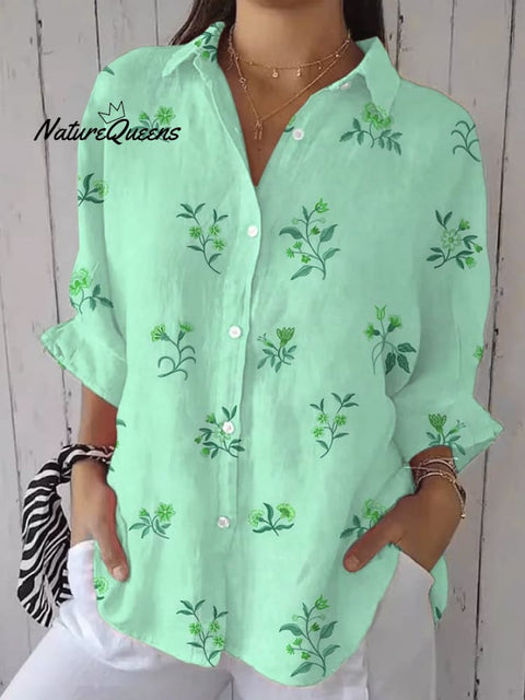 Women's Casual Retro Floral Cotton And Linen Shirt