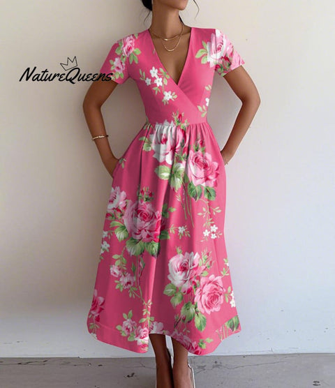 Retro Elegant Rose Print V-Neck Short Sleeve Dress