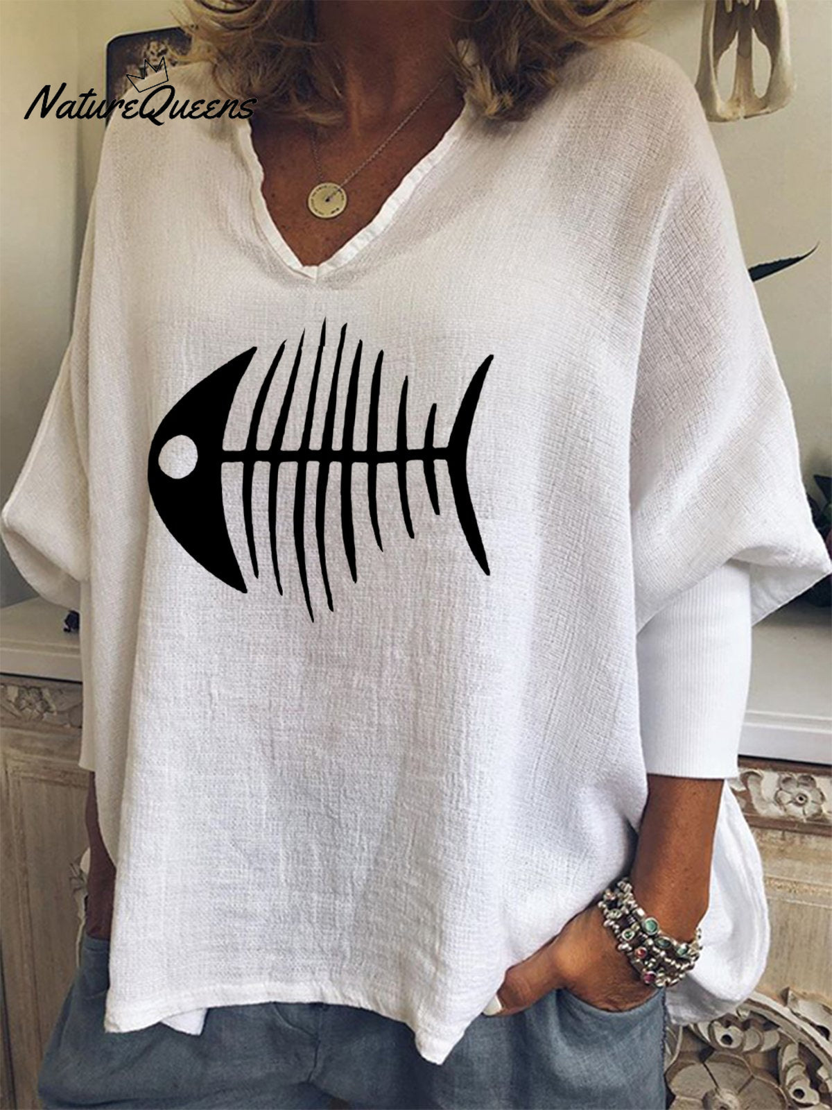 Women's Fishbone Print Cotton Shirt