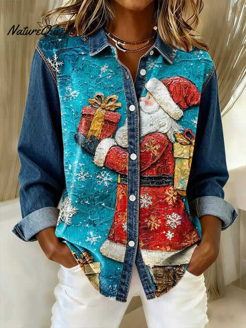 Women's Christmas landscape print casual stitching denim shirt