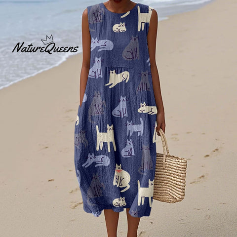 Lovely Cats Pattern Print Linen Tank Dress