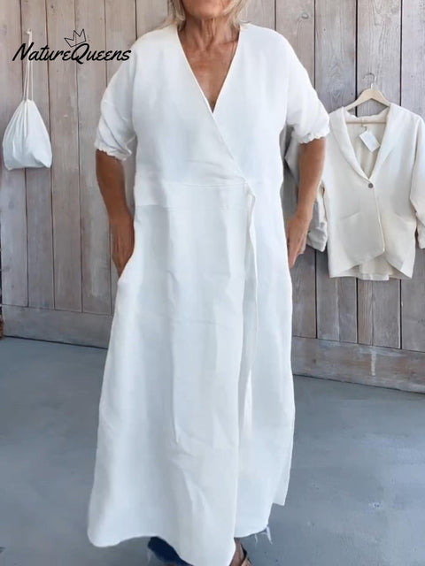 Women's Solid Color Wrap-around Tie Pocket Linen Dress