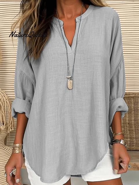 Women’s Cotton Long Sleeve Round Neck Solid Color Loose Beach Shirt Grey / S