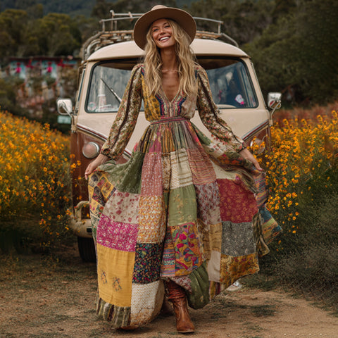 Countryside Style Collection Classy Patchwork Floral Pattern Art Linen Long Sleeve Maxi Dress