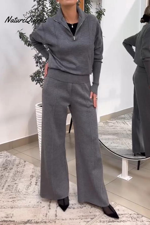 Women's casual, simple and fashionable zipper lapel two-piece set