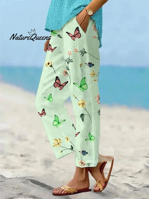 Women's Butterfly Floral Pattern Loose Casual Pants (With Pockets)