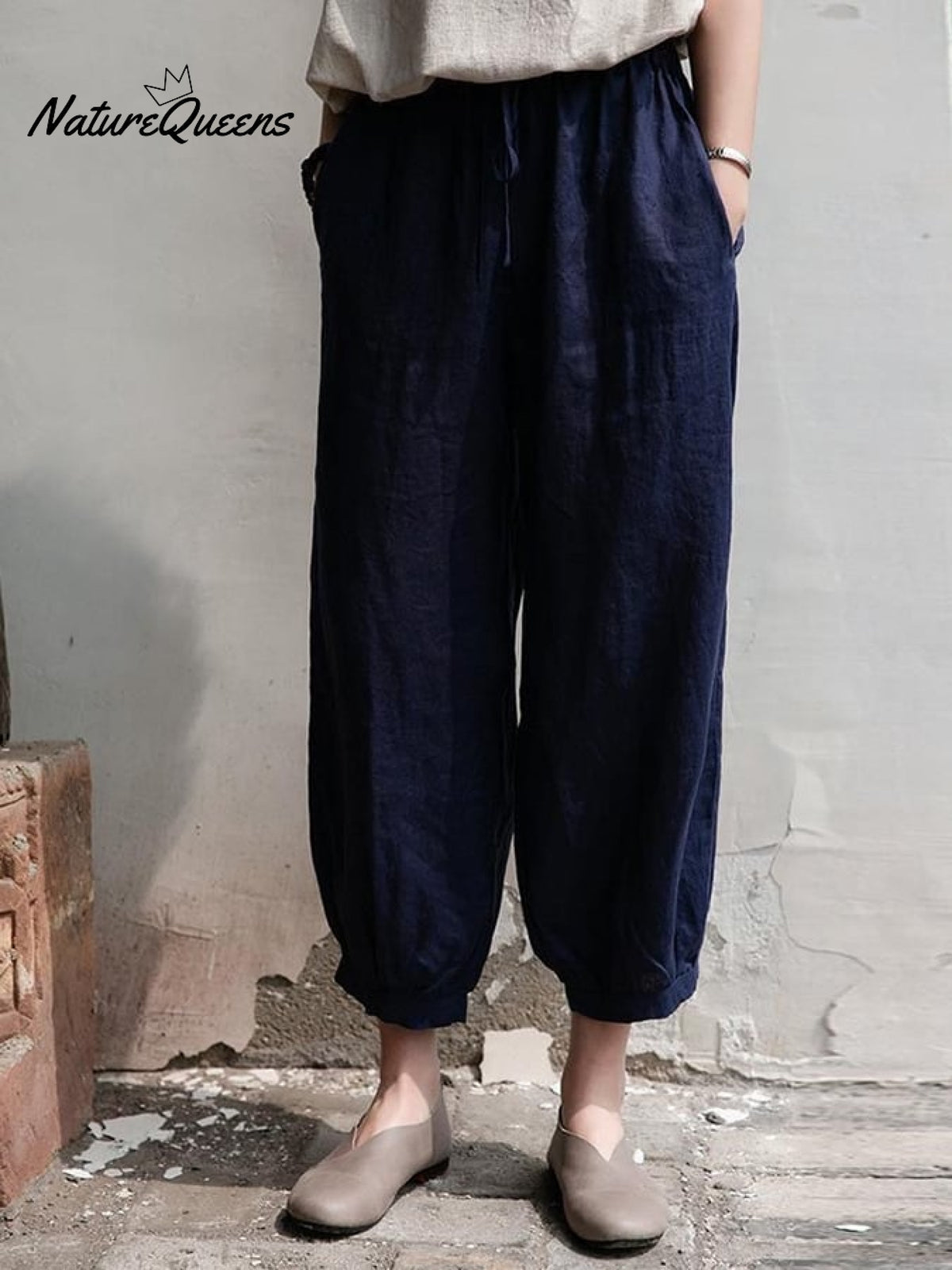 Women's Solid Color Loose Elastic Waist Casual Cotton And Linen Pants