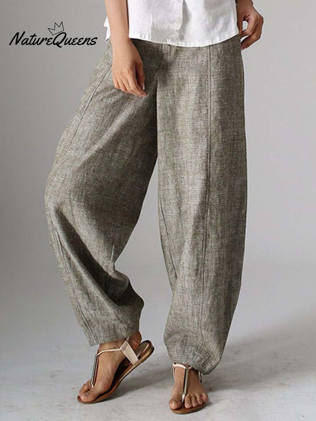 Solid Color Casual Plain Linen Pants Natural / S