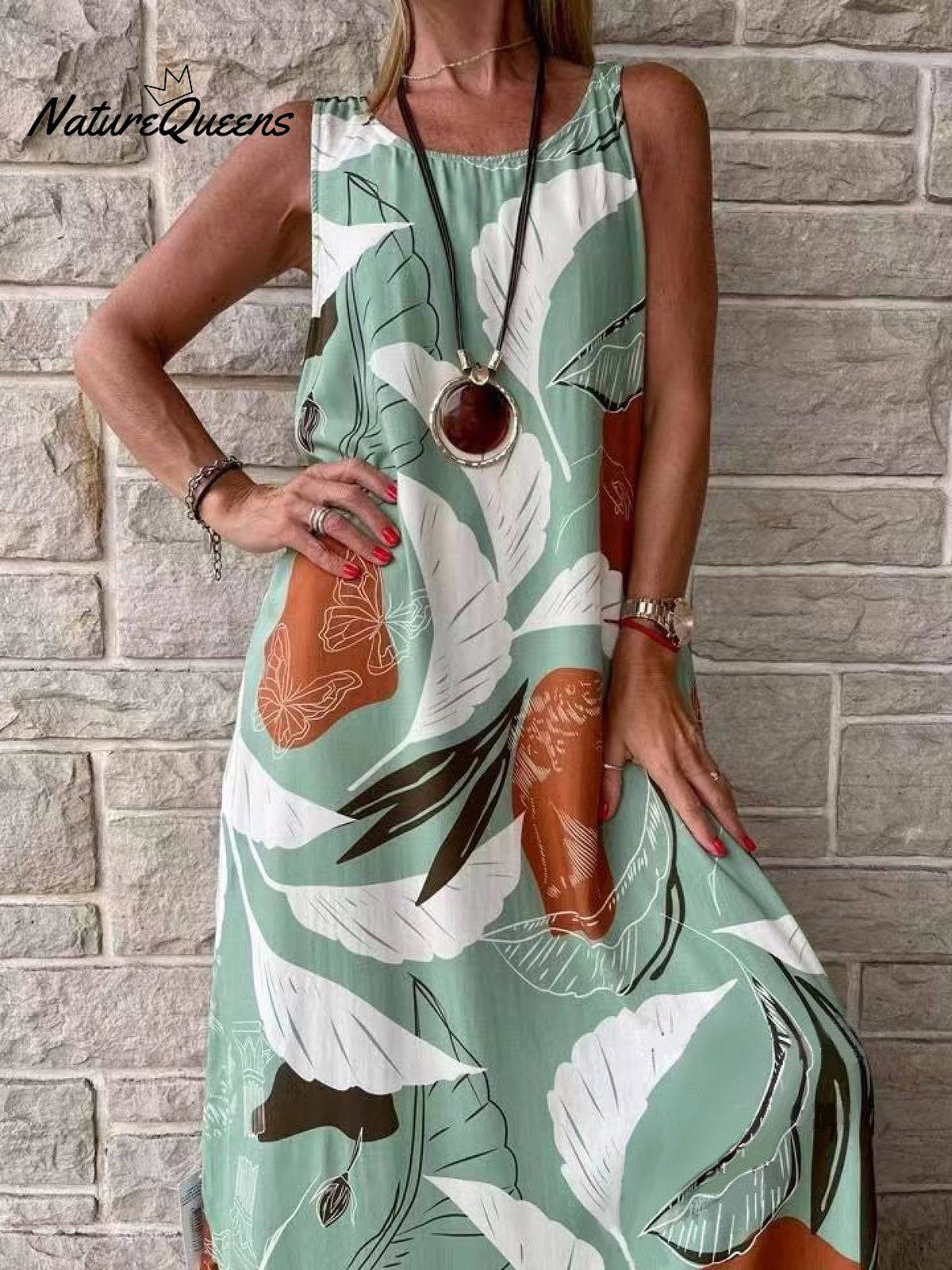 New Round Neck Sleeveless Leaf Print Splicing Personality Insert Pocket Loose Type Temperament