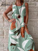 New Round Neck Sleeveless Leaf Print Splicing Personality Insert Pocket Loose Type Temperament