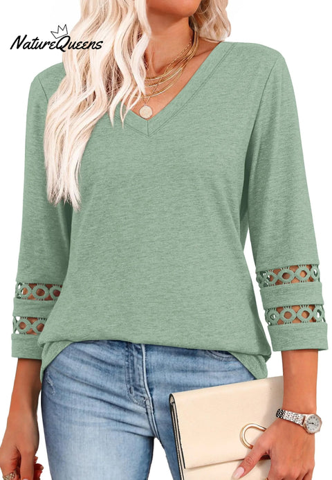2025 New Womens 3/4 Length Sleeve Tops Trendy V Neck T Shirts