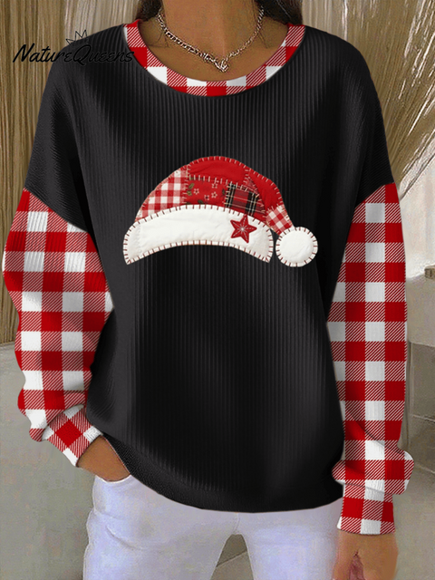 Women's Christmas Hat Print Knitted Crew Neck Long Sleeve Top