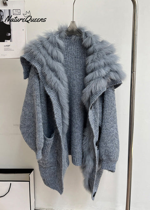 Art Blue Button Pockets Cozy Patchwork Knit Coats