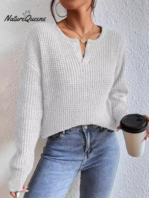 Women'S Solid Color V-Neck Casual Sweater