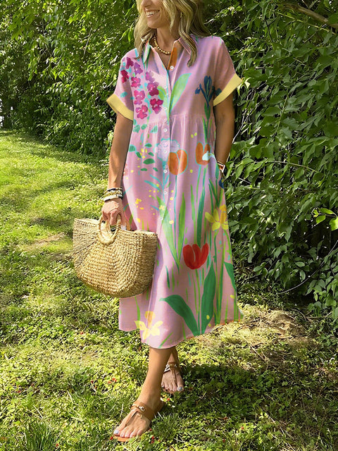 Small Fresh Floral Lapel Button Up Dress