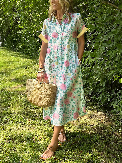 Fresh Floral Lapel Button Up Dress