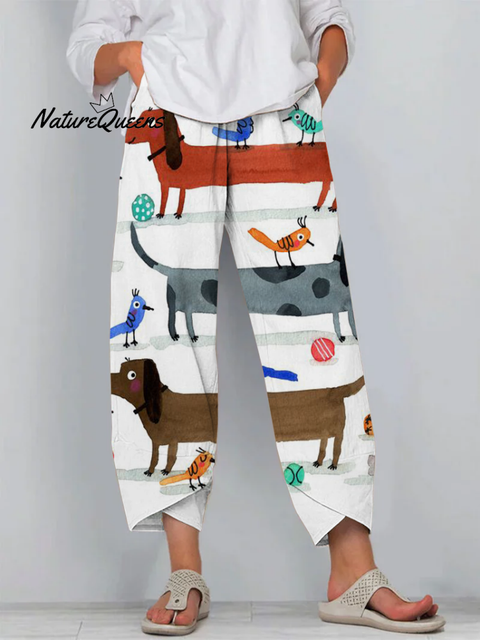Casual Cute and Fun Cartoon Dachshund Cropped Pants