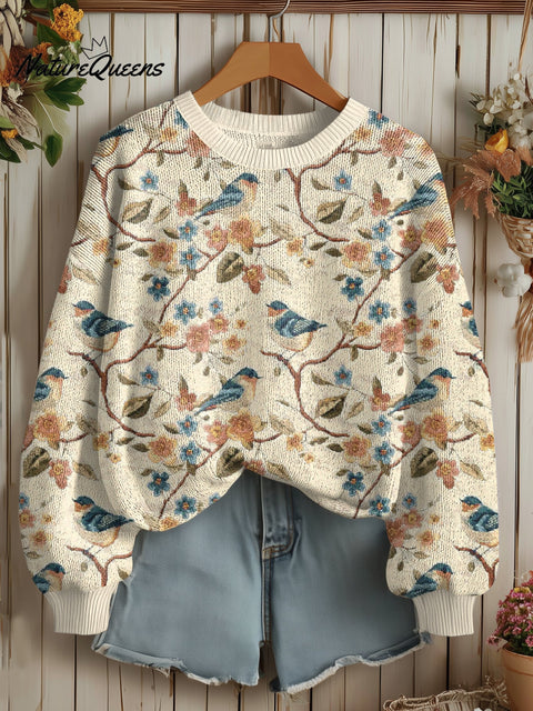Women's Cute boho floral and bird embroidery print Sweater