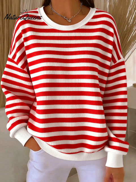 Women's Classic Stripe Print Knit Crew Neck Long Sleeve Top