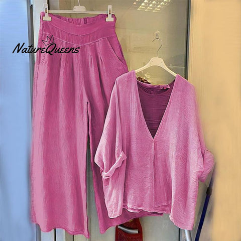 V Neck Top And Solid Color Trousers Set