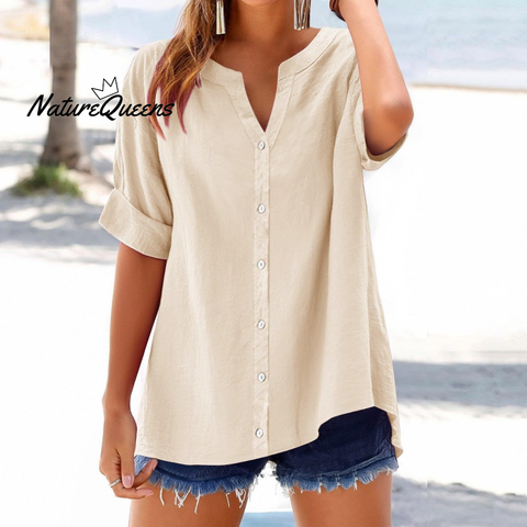 Women's Linen Casual Loose-Fit Button-Up V-Neck Shirt