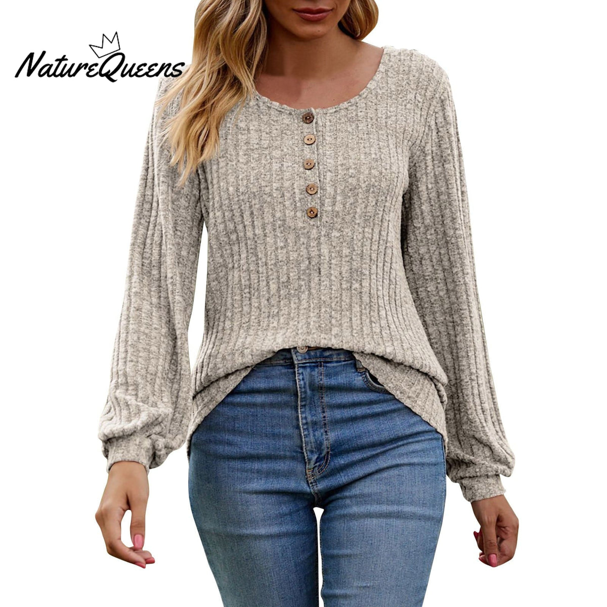 Women's Fall Button Scoop Neck Puff Long Sleeve Henley Shirts