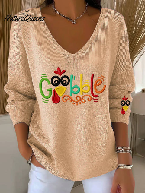 Women's Gobble Turkey Print Long Sleeve Top