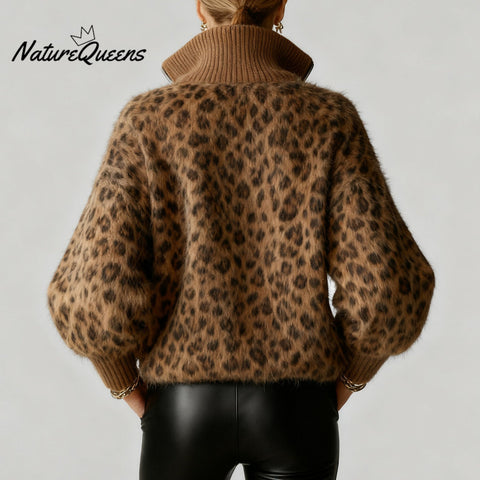 Women's Fashion Brown Leopard Print Half Zip Lantern Sleeve Fuzzy Sweater