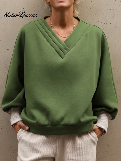 Women's Pleated V-neck Loose Cotton Sweatshirt Top