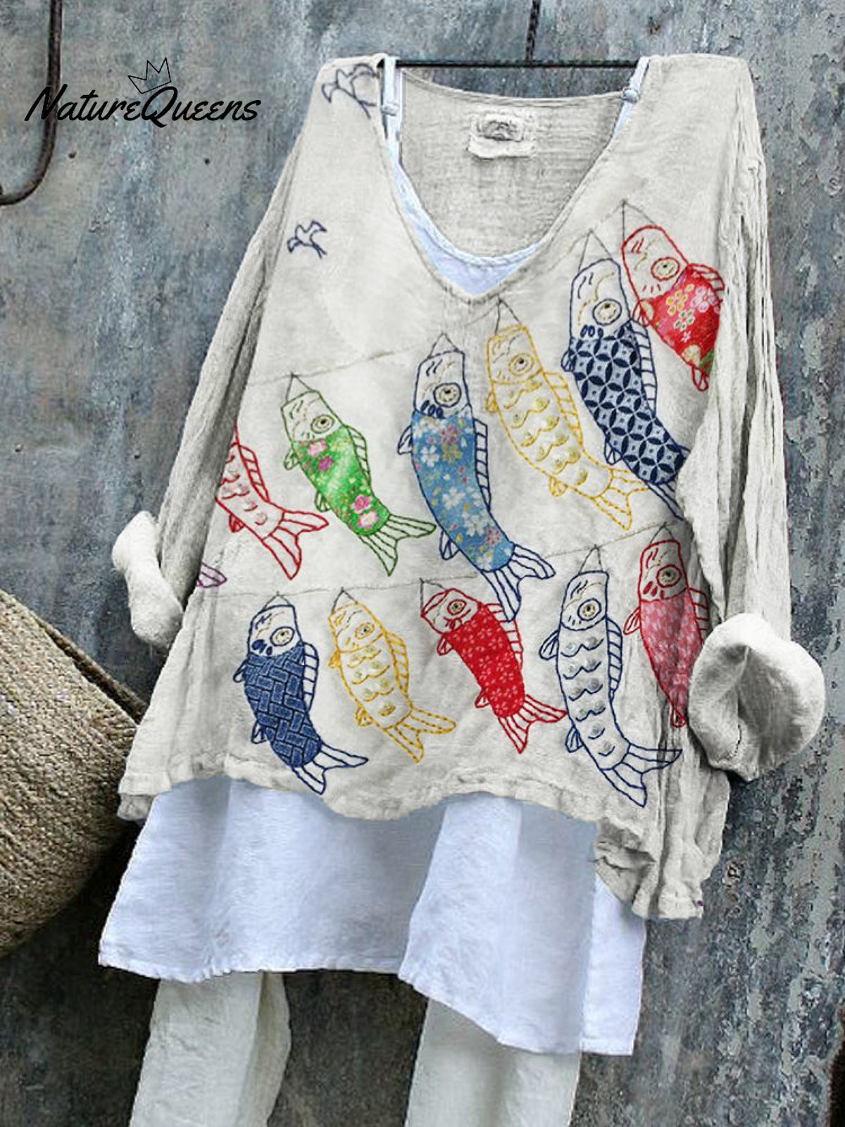 Japanese Colorful Carp Streamer Embroidered Linen Blend Tunic