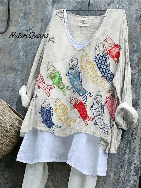 Japanese Colorful Carp Streamer Embroidered Linen Blend Tunic