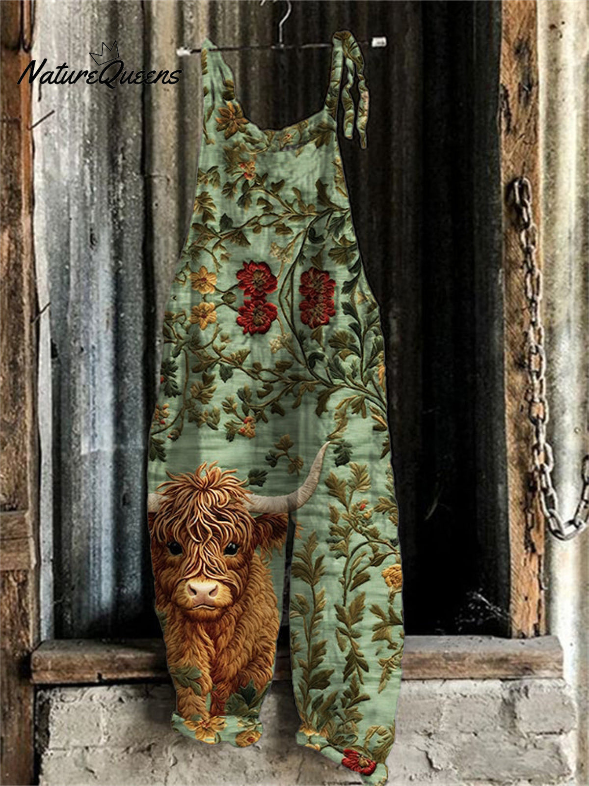 Highland Cow Floral Embroidery Pattern Jumpsuit