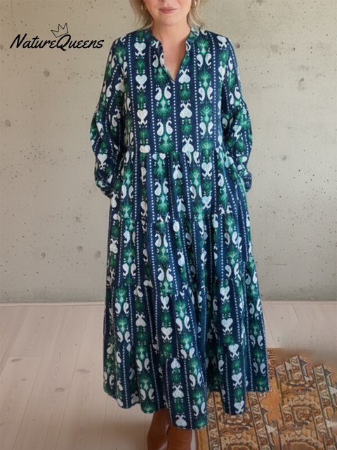 Women's Retro Vertical Striped Floral Print V-Neck Midi Dress
