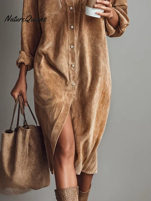 Loose Corduroy Double Chest Pocket Single Breasted Midi Dress