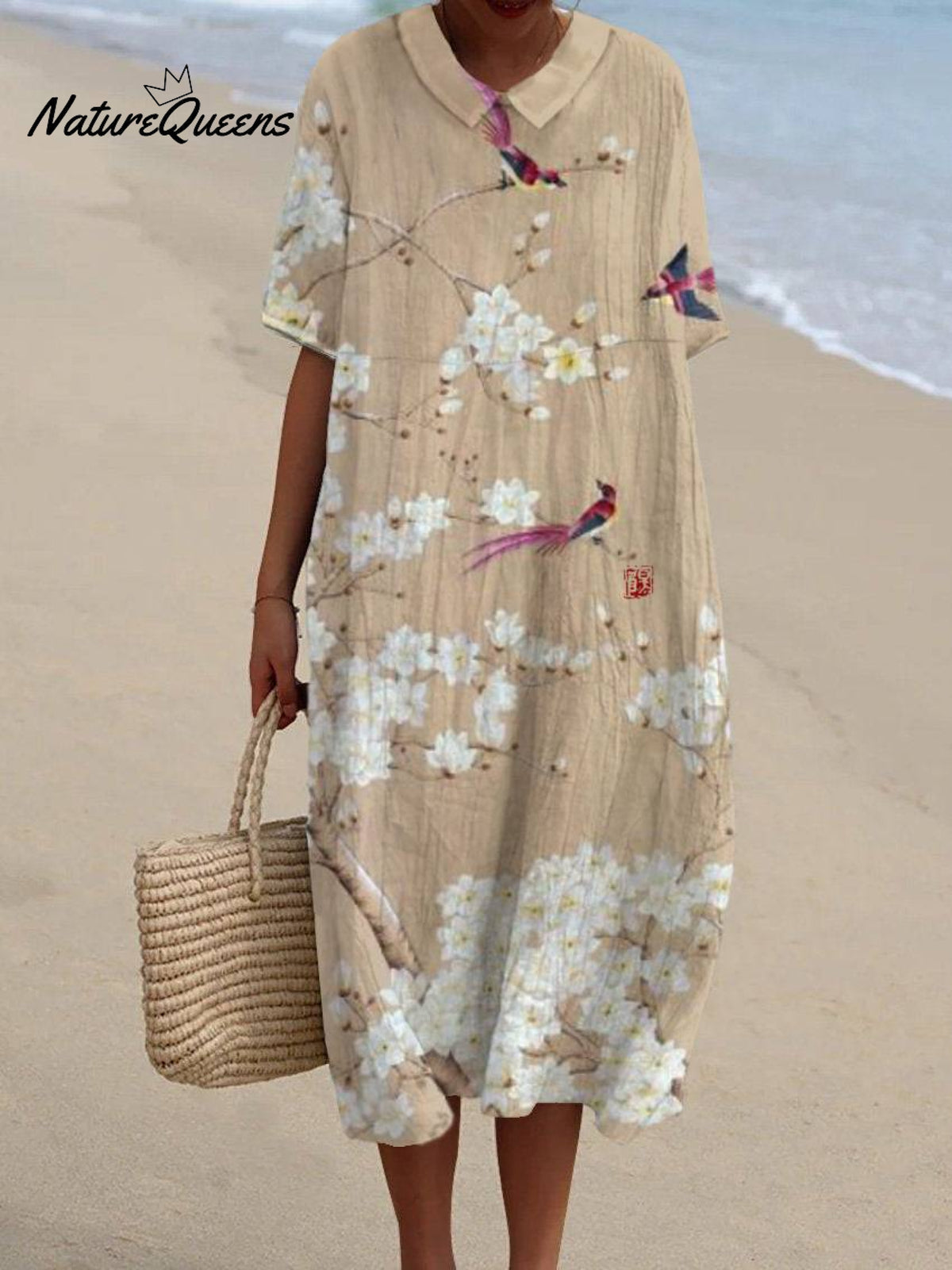 Women's Japanese Art Floral Bird Print Pocket Linen Dress(Convertible Dress With Front And Back Option)