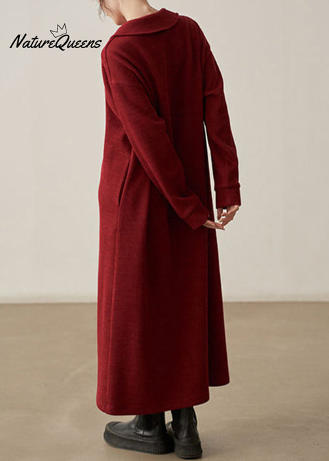 Loose Wine Red Pockets Cozy  Cotton Knit Long Dresses Fall