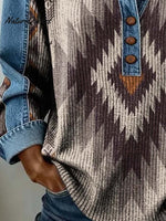 Women'S Casual Color-Block Printed Patchwork Pullover Sweatshirt