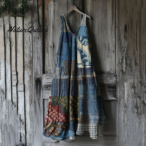 Women's Japanese Traditional Sashiko In Floral Patchwork Art Cotton And Linen Dress